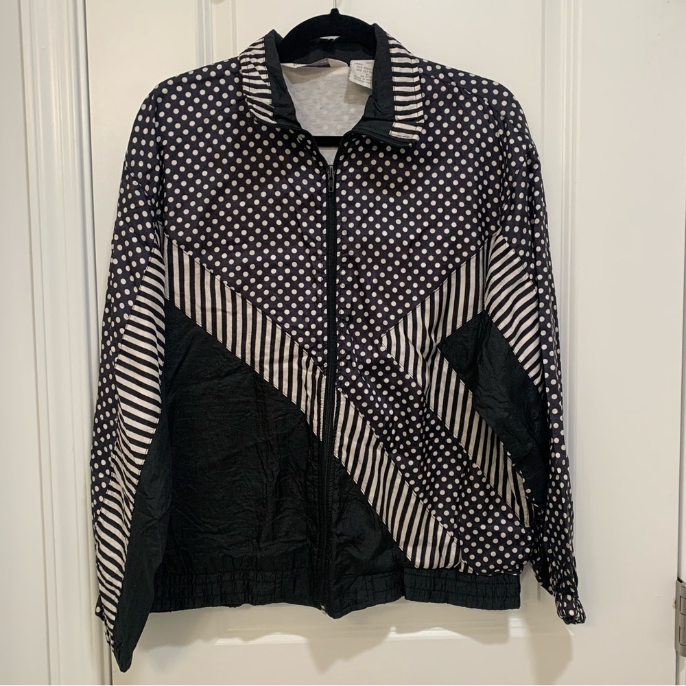 Blair Women's Vintage 80s Black White Polka Dot Stripe Windbreaker Jacket Size M